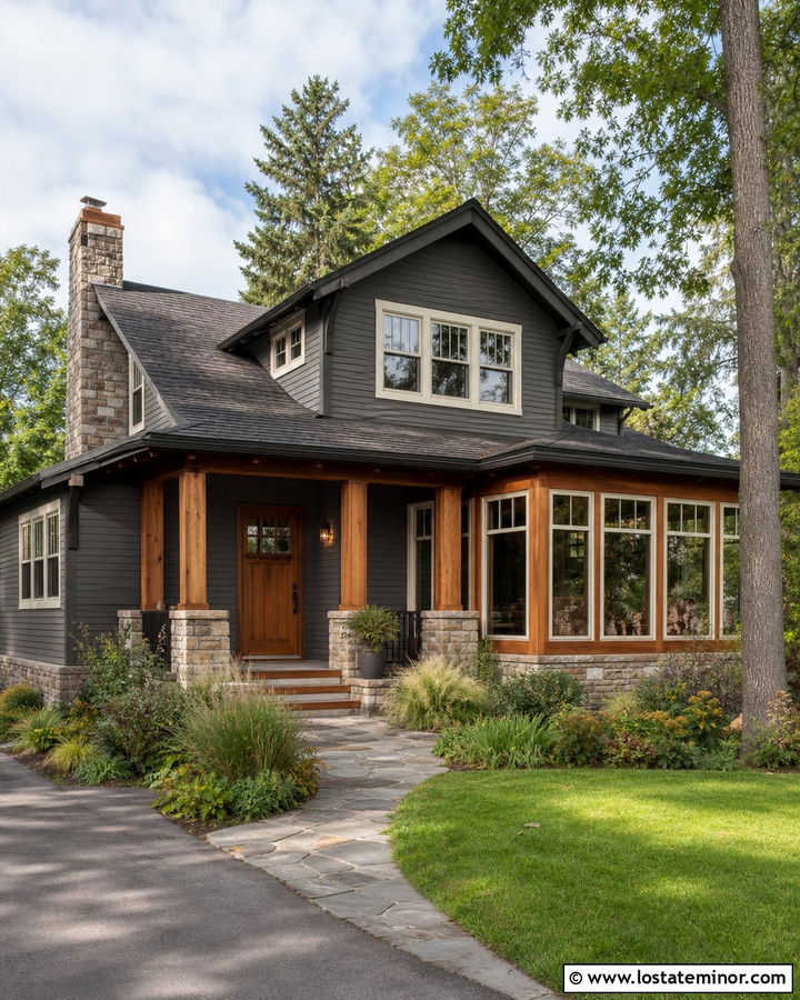 Charcoal Grey House With Wood Framed Sunroom - 30 Charcoal Grey House Design With Sunroom Ideas