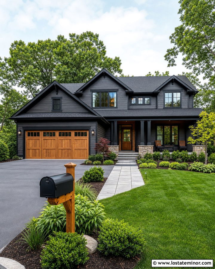 Charcoal Grey House With Wood Garage And Mailbox Post - 30 Charcoal Grey House Design With Mailbox Ideas