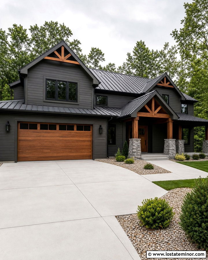 Charcoal Grey House With Wood Garage Door - 30 Charcoal Grey House Design With Driveway Ideas