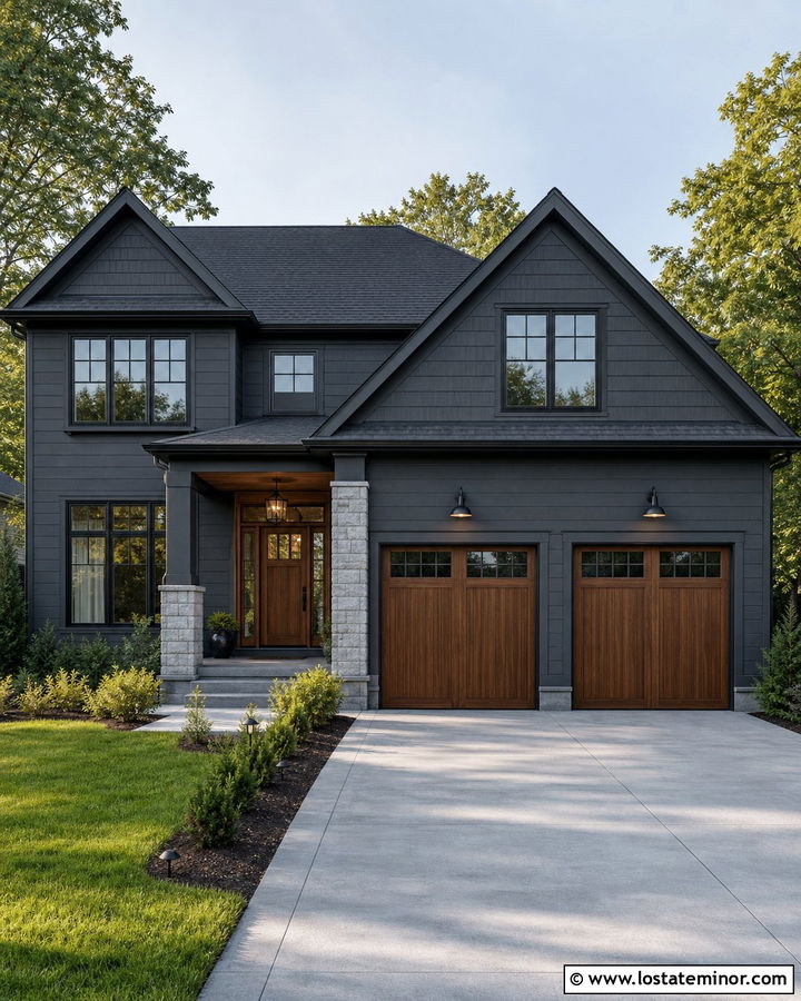 Charcoal Grey House With Wood Garage Doors And Shingles - 30 Charcoal Grey House Design With Shingles Ideas