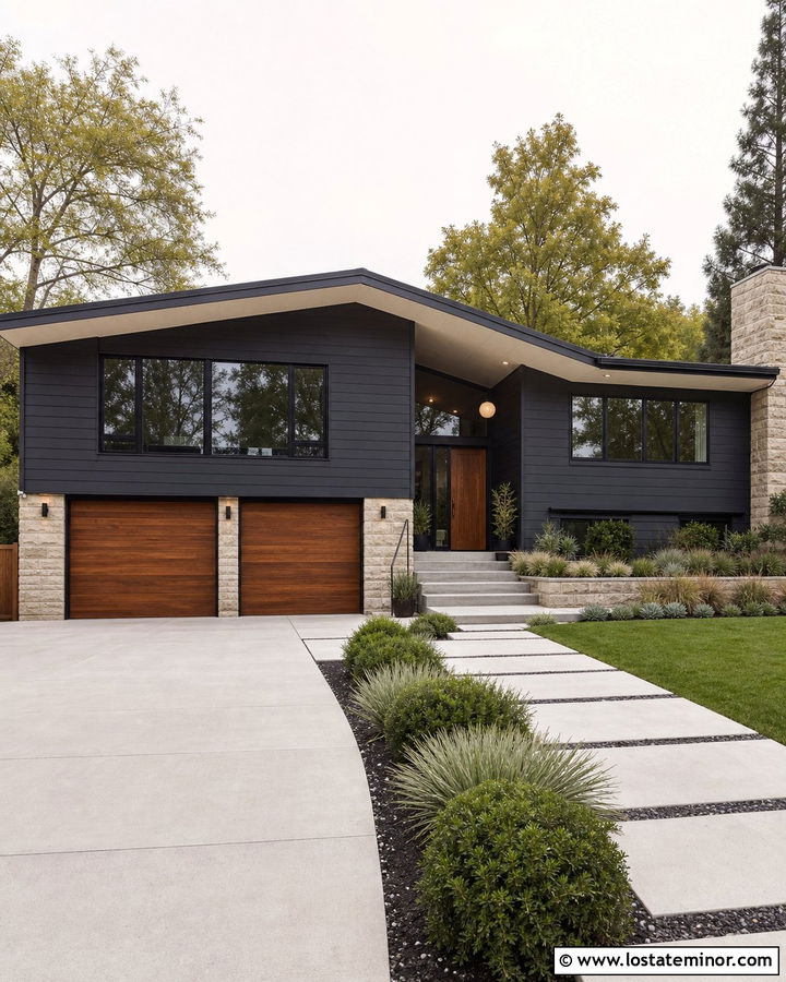 Charcoal Grey House With Wood Garage Doors - 30 Charcoal Grey House Design With Accents Ideas