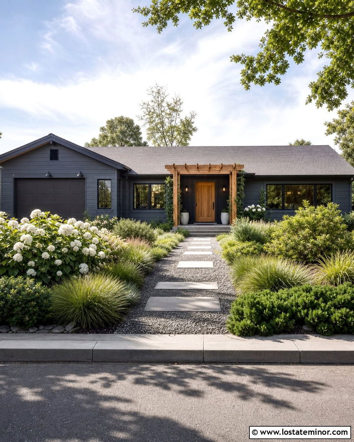 Charcoal Grey House With Wood Pergola And Climbing Vines - 30 Charcoal Grey House Design With Front Yard Ideas