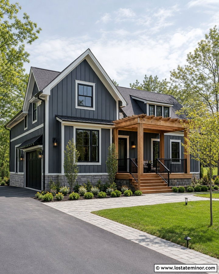 Charcoal Grey House With Wood Pergola Deck - 30 Charcoal Grey House Design With Deck Ideas