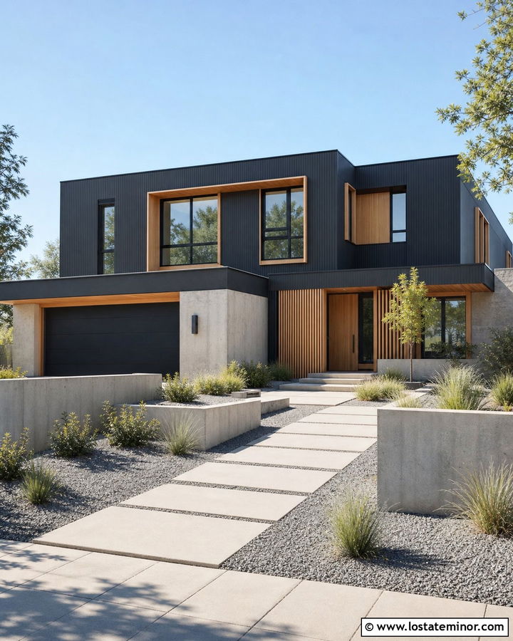 Charcoal Grey House With Wood Trim And Concrete Accents - 30 Charcoal Grey House Design With Trim Ideas