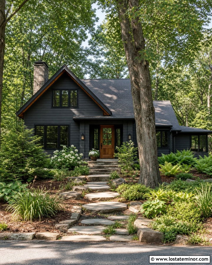 Charcoal Grey House With Woodland Front Yard - 30 Charcoal Grey House Design With Front Yard Ideas