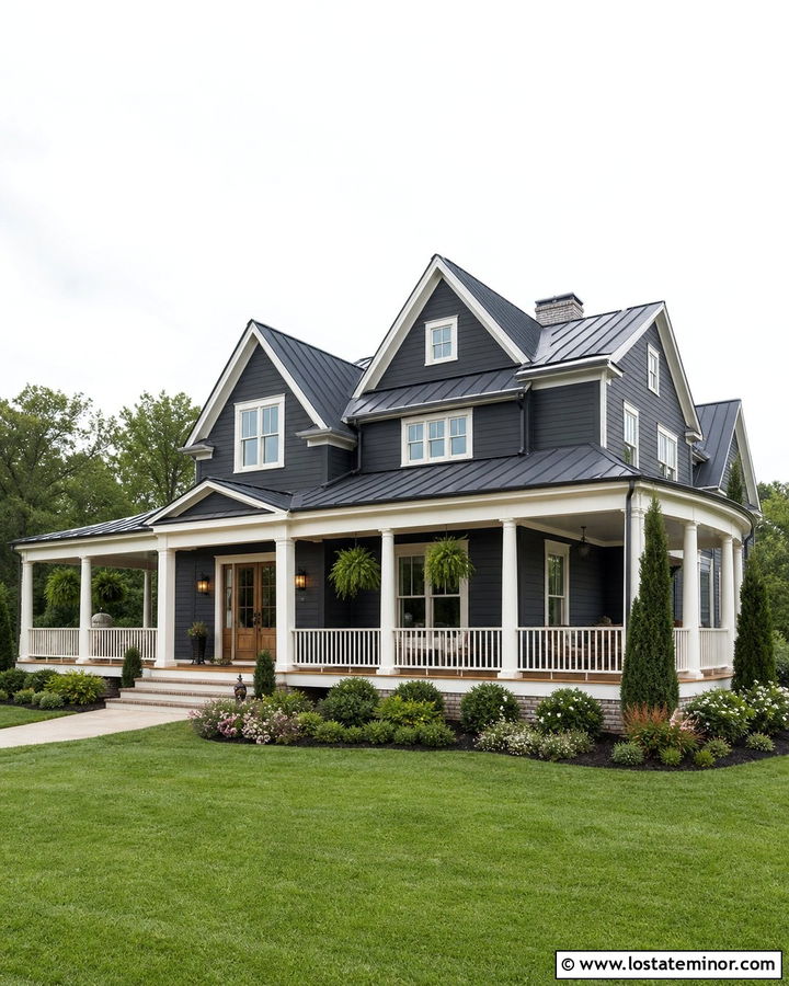 Charcoal Grey House With Wraparound Porch And Layered Shrubs - 30 Charcoal Grey House Design With Front Yard Ideas