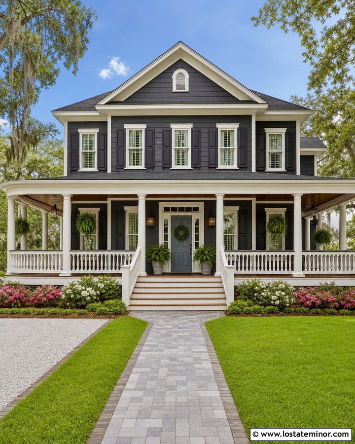 Charcoal Grey House With Wraparound Porch Steps - 30 Charcoal Grey House Design With Steps Ideas