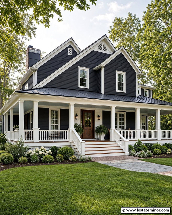 Charcoal Grey House With Wraparound Porch - 30 Charcoal Grey House Design With Accents Ideas