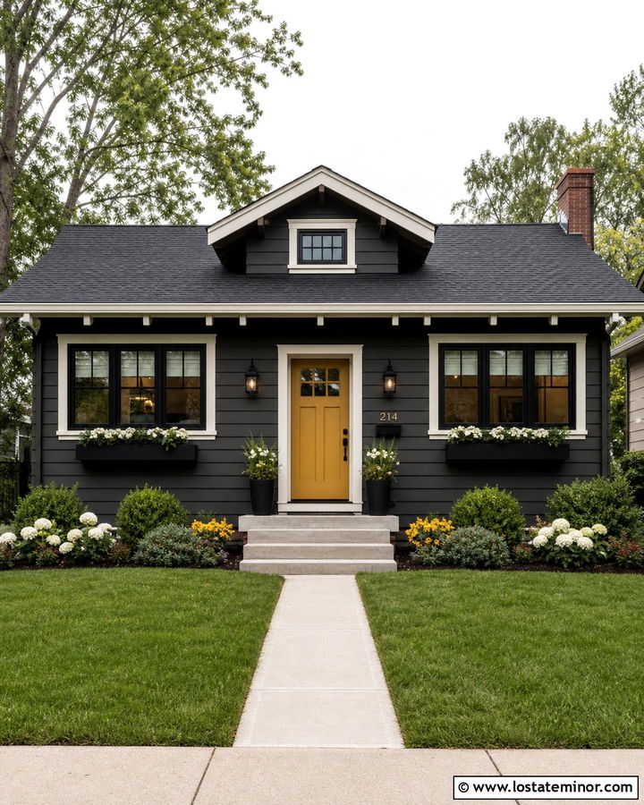 Charcoal Grey House With Yellow Door And Black Window Boxes - 30 Charcoal Grey House Design With Window Boxes Ideas