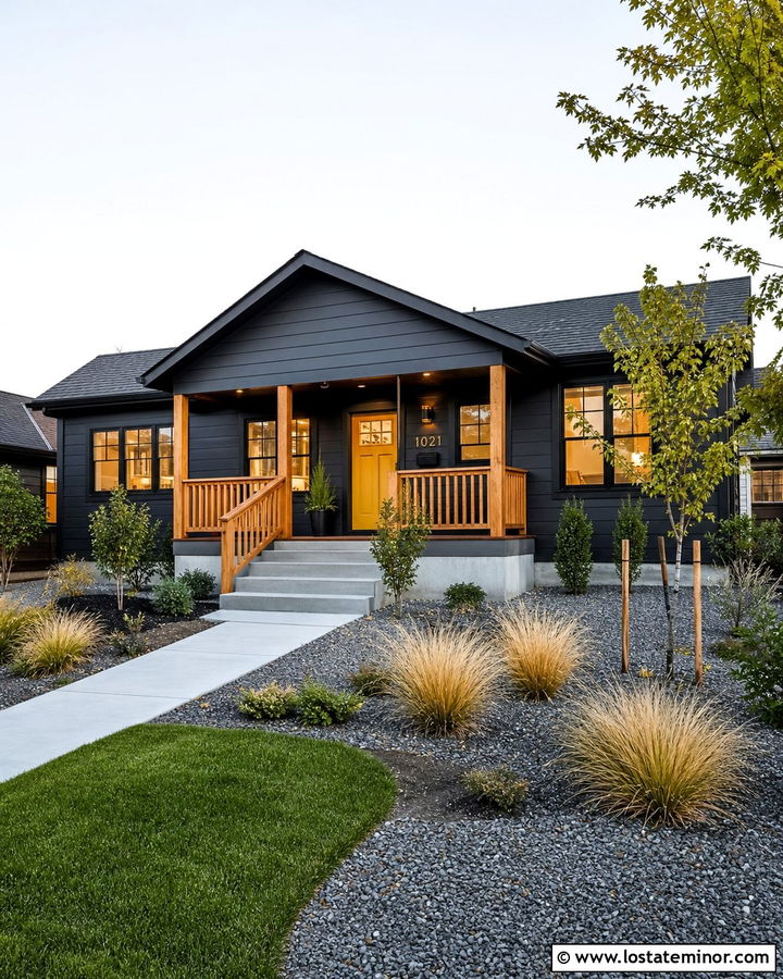 Charcoal Grey House With Yellow Door And Cedar Railings - 30 Charcoal Grey House Design With Railings Ideas