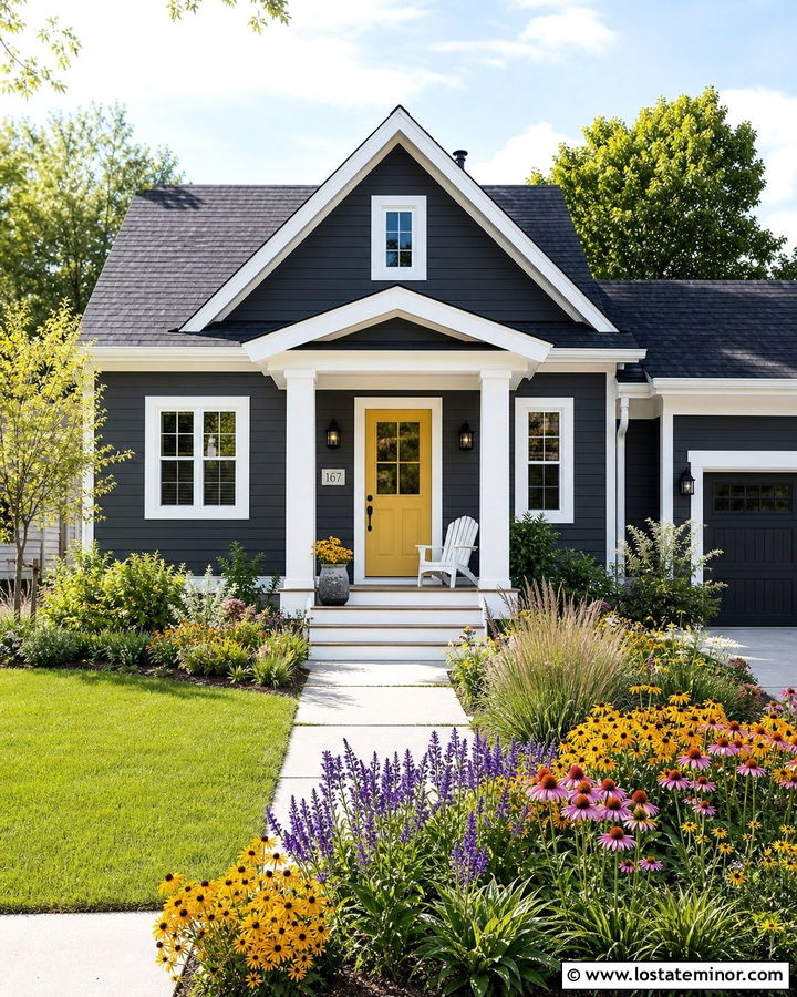 Charcoal Grey House With Yellow Door And Pollinator Garden - 30 Charcoal Grey House Design With Front Yard Ideas