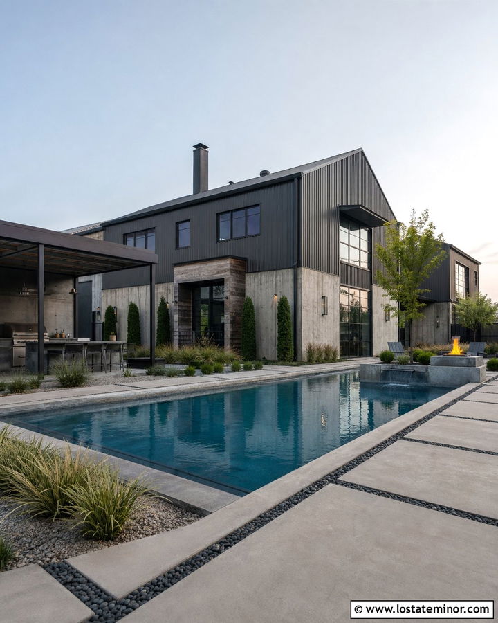 Charcoal Grey Industrial House With Concrete Pool - 30 Charcoal Grey House Design With Swimming Pool Ideas