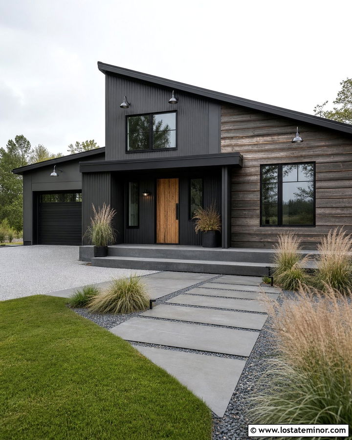 Charcoal Grey Industrial House With Galvanized Barn Lights - 30 Charcoal Grey House Design With Light Fixtures Ideas