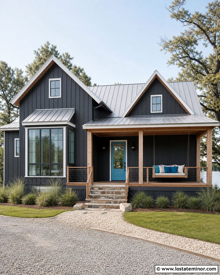 Charcoal Grey Lake House With Hanging Daybed - 30 Charcoal Grey House Design With Swing Ideas