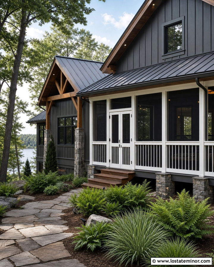 Charcoal Grey Lake House With Porch Screen Door - 30 Charcoal Grey House Design With Screen Door Ideas