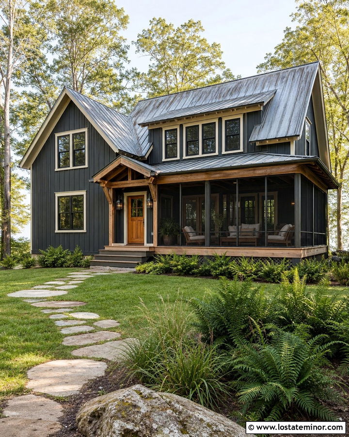Charcoal Grey Lake House With Screened Front Porch - 30 Charcoal Grey House Design With Front Porch Ideas