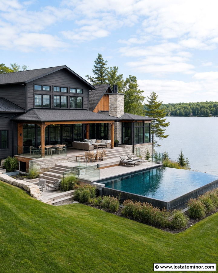 Charcoal Grey Lake House With Vanishing Edge Pool - 30 Charcoal Grey House Design With Swimming Pool Ideas