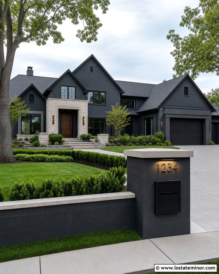 Charcoal Grey Luxury House With Lighted Mailbox - 30 Charcoal Grey House Design With Mailbox Ideas