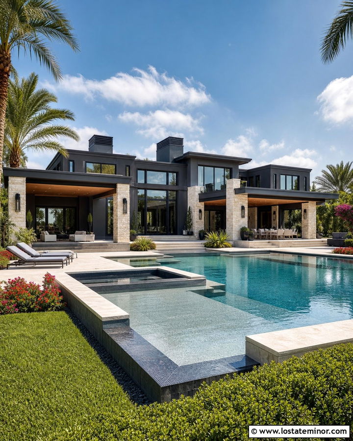 Charcoal Grey Luxury House With Resort Pool - 30 Charcoal Grey House Design With Swimming Pool Ideas