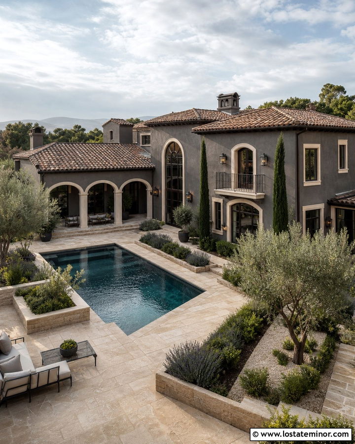 Charcoal Grey Mediterranean House With Courtyard Pool - 30 Charcoal Grey House Design With Swimming Pool Ideas