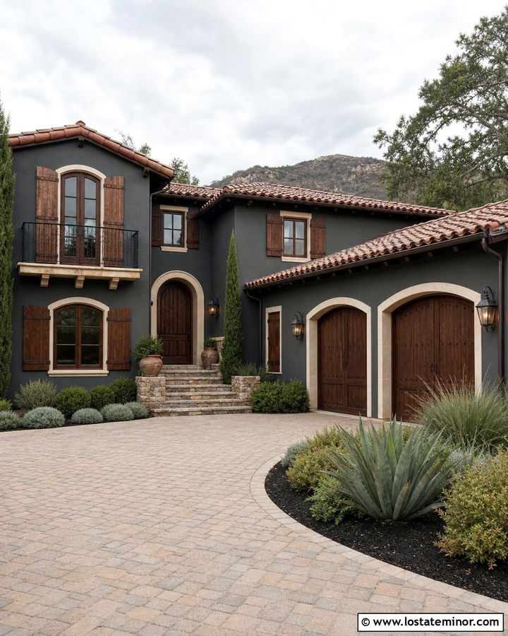 Charcoal Grey Mediterranean House With Wood Shutters - 30 Charcoal Grey House Design With Shutters Ideas