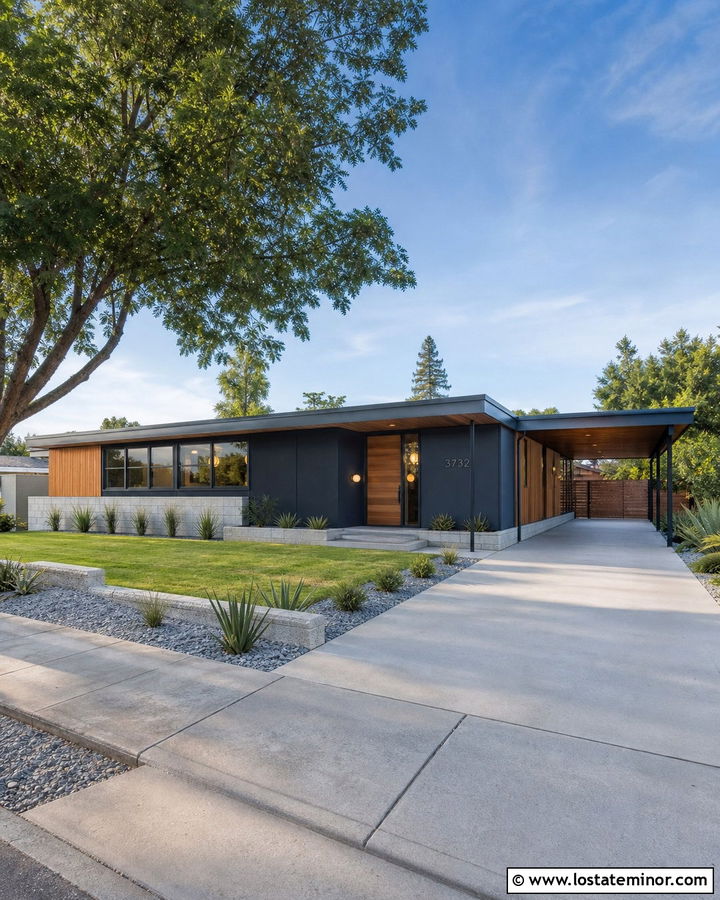 Charcoal Grey Mid Century House With Brass Globe Lights - 30 Charcoal Grey House Design With Light Fixtures Ideas