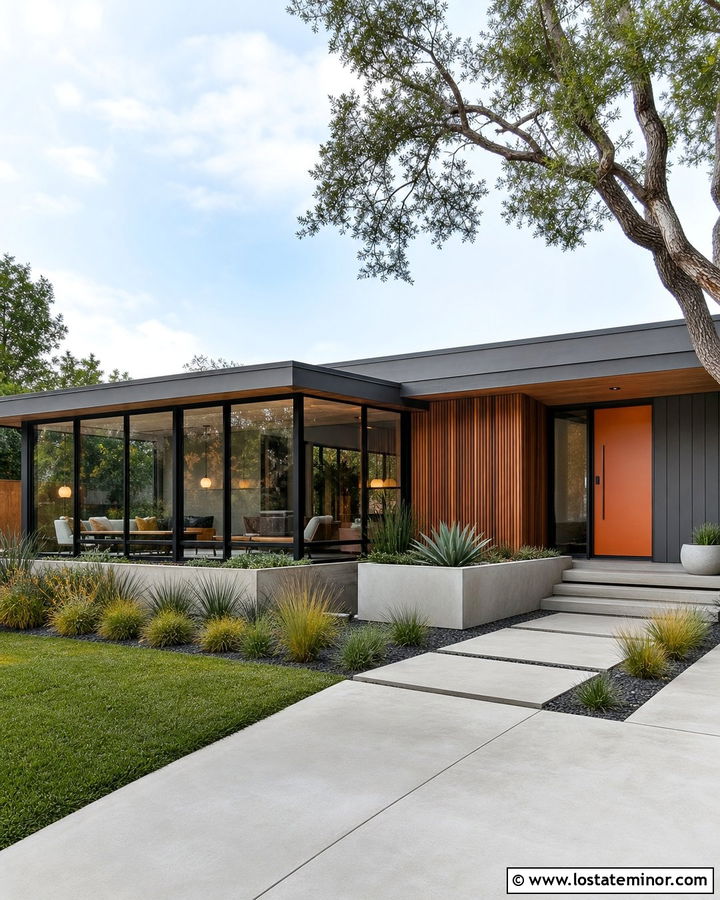 Charcoal Grey Mid Century House With Flat Roof Sunroom - 30 Charcoal Grey House Design With Sunroom Ideas