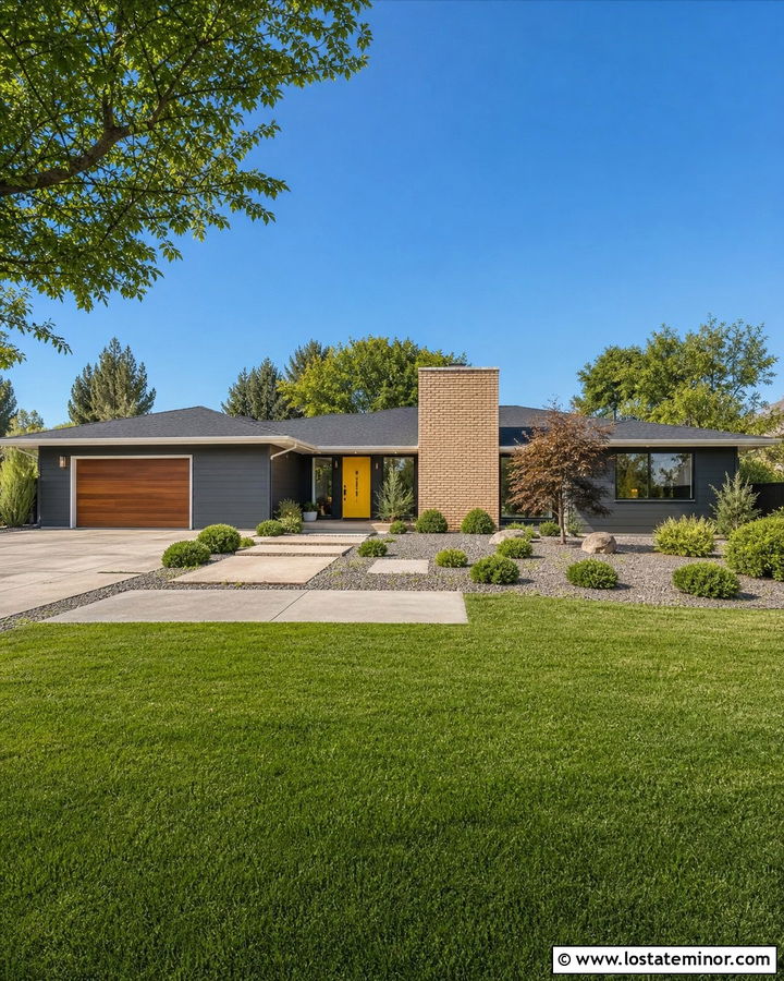 Charcoal Grey Midcentury House With Block Chimney - 30 Charcoal Grey House Design With Chimney Ideas
