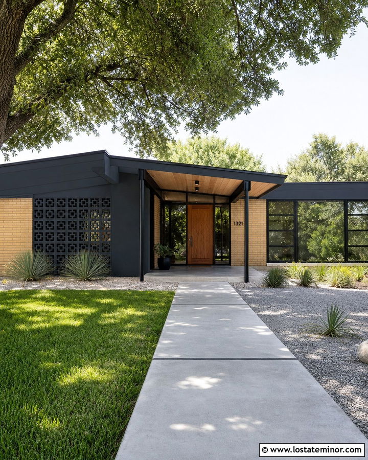 Charcoal Grey Midcentury House With Butterfly Portico - 30 Charcoal Grey House Design With Portico Ideas