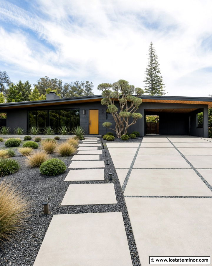 Charcoal Grey Midcentury House With Concrete Pavers - 30 Charcoal Grey House Design With Front Yard Ideas