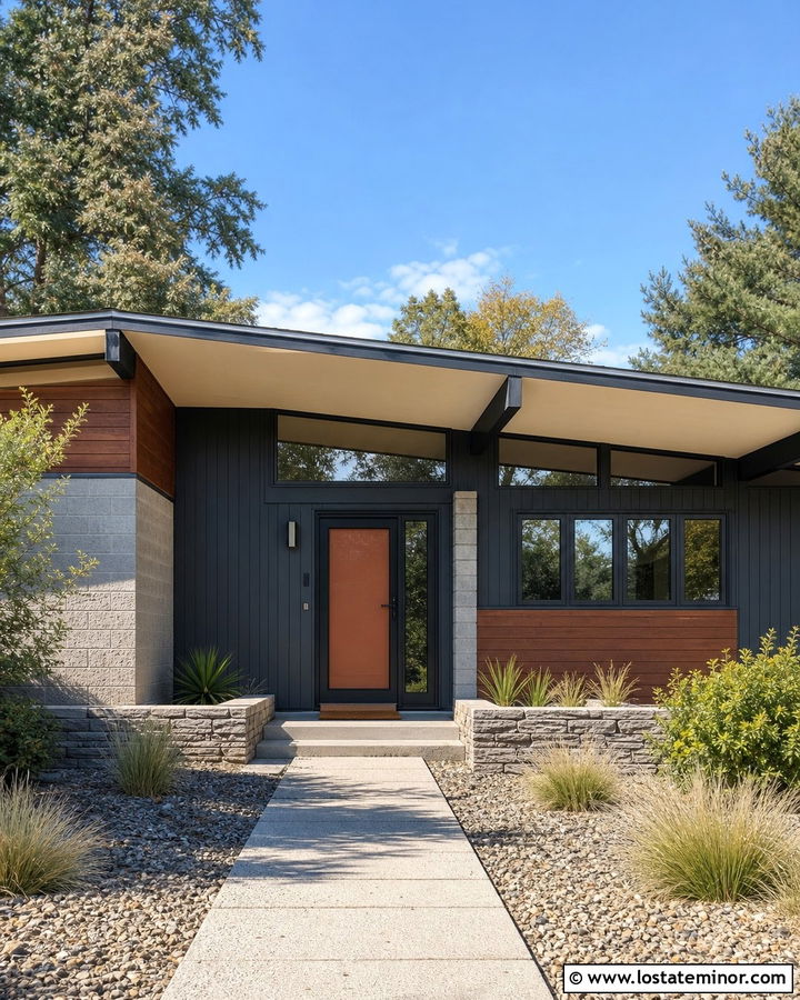 Charcoal Grey Midcentury House With Glass Screen Door - 30 Charcoal Grey House Design With Screen Door Ideas
