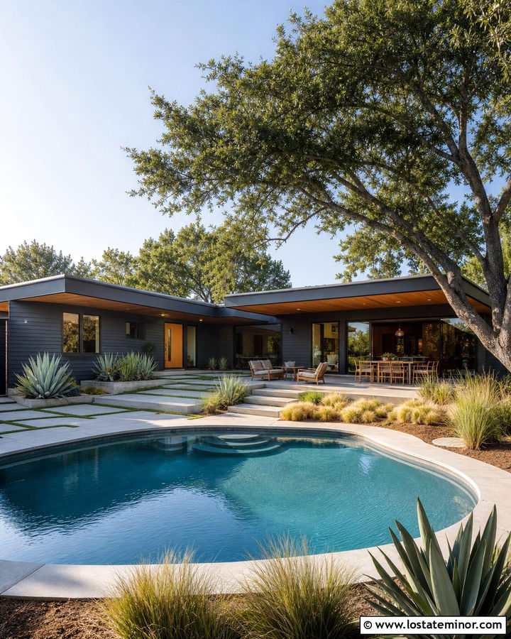 Charcoal Grey Midcentury House With Kidney Pool - 30 Charcoal Grey House Design With Swimming Pool Ideas