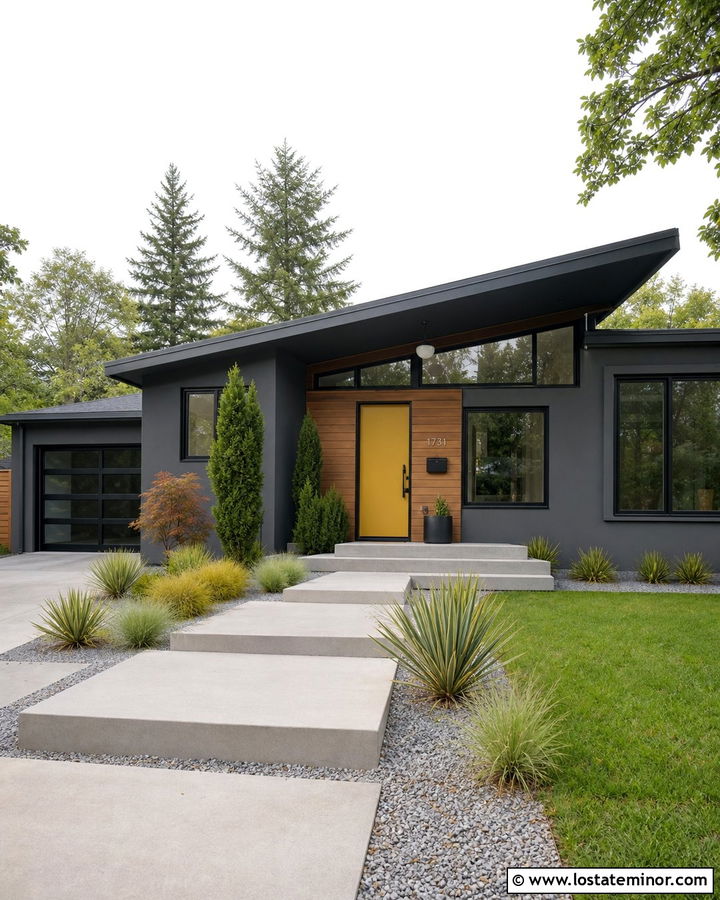 Charcoal Grey Midcentury House With Precast Steps - 30 Charcoal Grey House Design With Steps Ideas