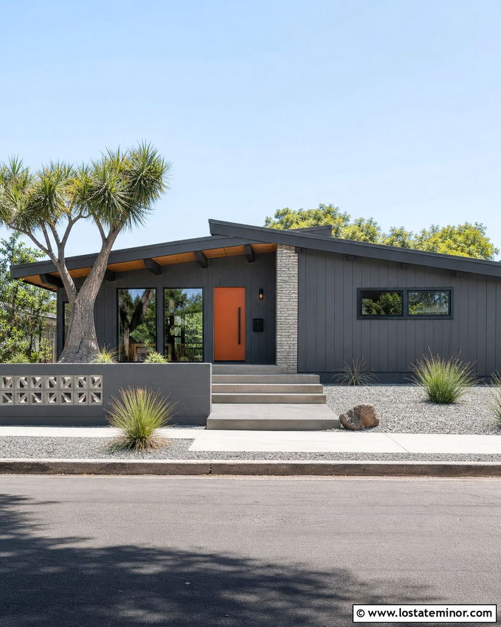 Charcoal Grey Midcentury House With Shed Awning - 30 Charcoal Grey House Design With Awning Ideas