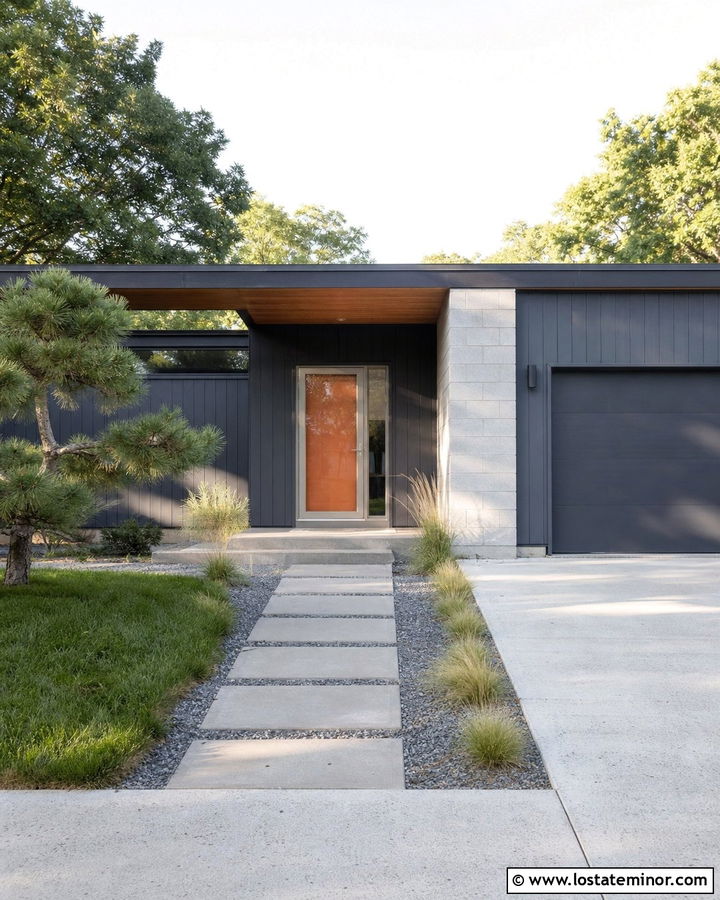 Charcoal Grey Midcentury House With Silver Storm Door - 30 Charcoal Grey House Design With Storm Door Ideas