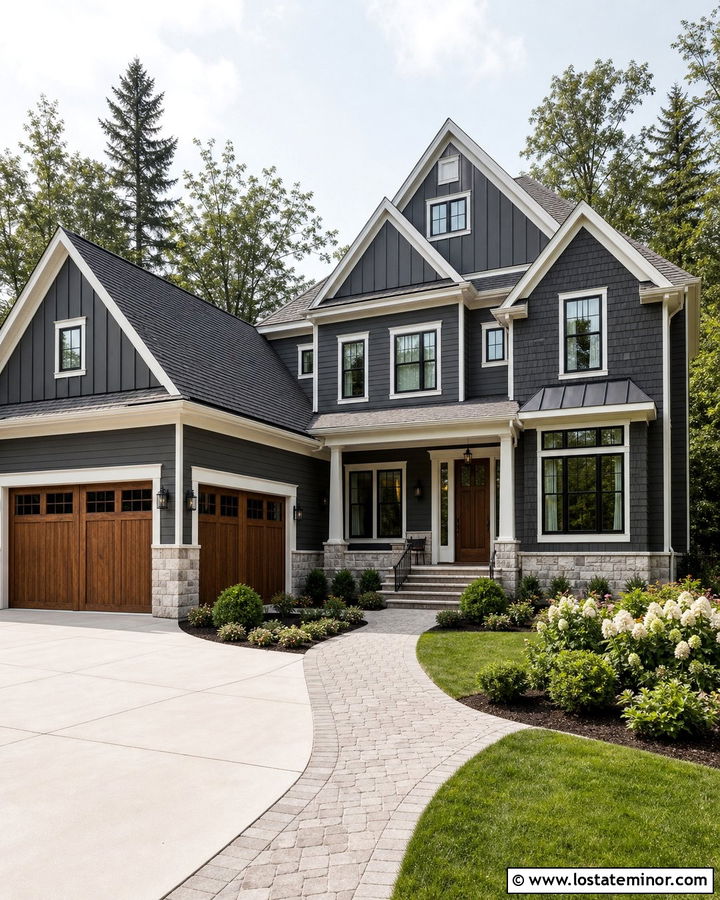 Charcoal Grey Mixed Siding Exterior - 30 Charcoal Grey House Design With Siding Ideas
