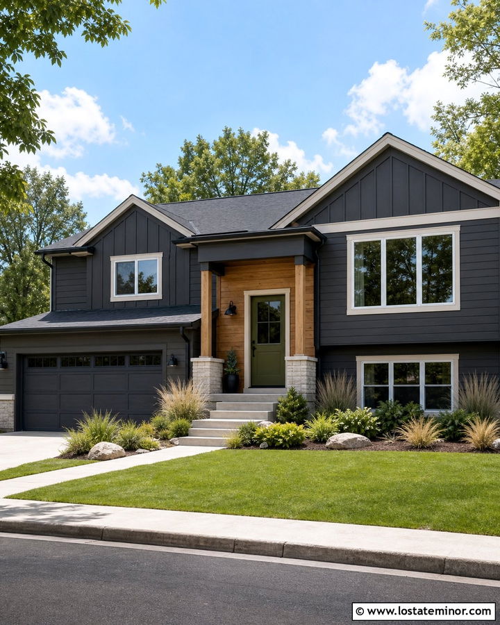 Charcoal Grey Mixed Siding House With Olive Dutch Door - 30 Charcoal Grey House Design With Dutch Door Ideas
