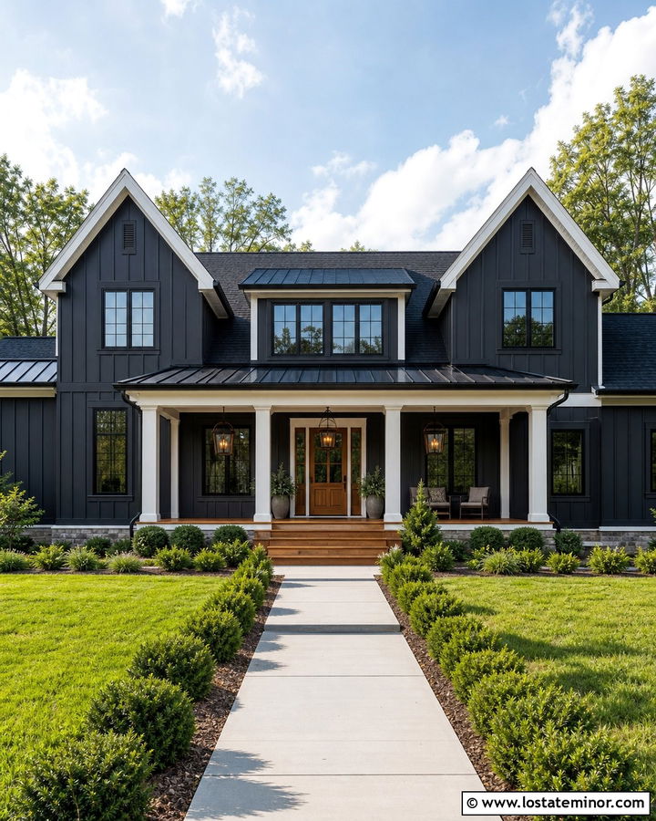 Charcoal Grey Modern Farmhouse With Black Lanterns - 30 Charcoal Grey House Design With Light Fixtures Ideas