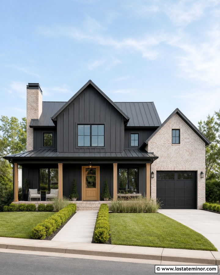 Charcoal Grey Modern Farmhouse With Brick Accents - 30 Charcoal Grey House Design With Brick Accents Ideas