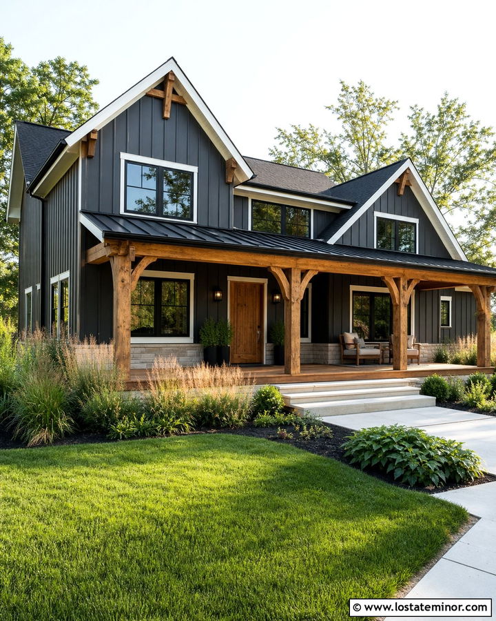 Charcoal Grey Modern Farmhouse With Cedar Front Porch - 30 Charcoal Grey House Design With Front Porch Ideas