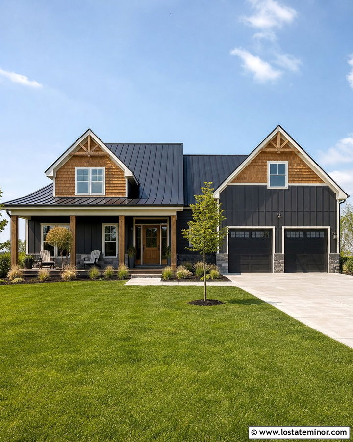 Charcoal Grey Modern Farmhouse With Cedar Shake Accents - 30 Charcoal Grey House Design With Cedar Shake Ideas