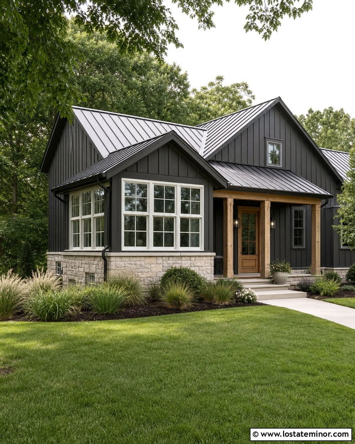 Charcoal Grey Modern Farmhouse With Gable Sunroom - 30 Charcoal Grey House Design With Sunroom Ideas