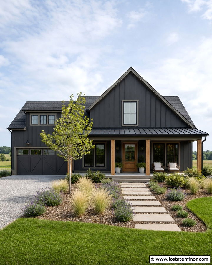 Charcoal Grey Modern Farmhouse With Gravel Garden - 30 Charcoal Grey House Design With Front Yard Ideas