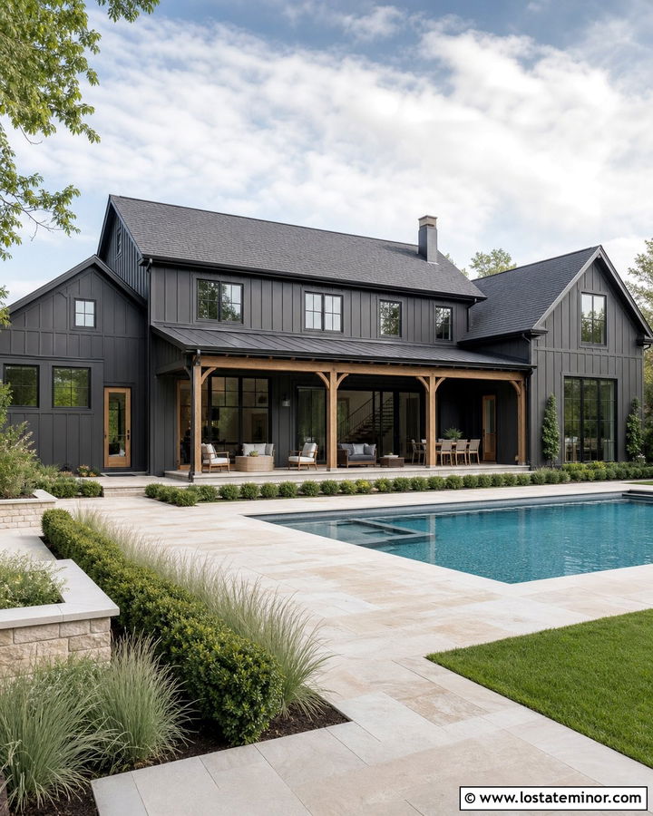 Charcoal Grey Modern Farmhouse With Rectangular Pool - 30 Charcoal Grey House Design With Swimming Pool Ideas