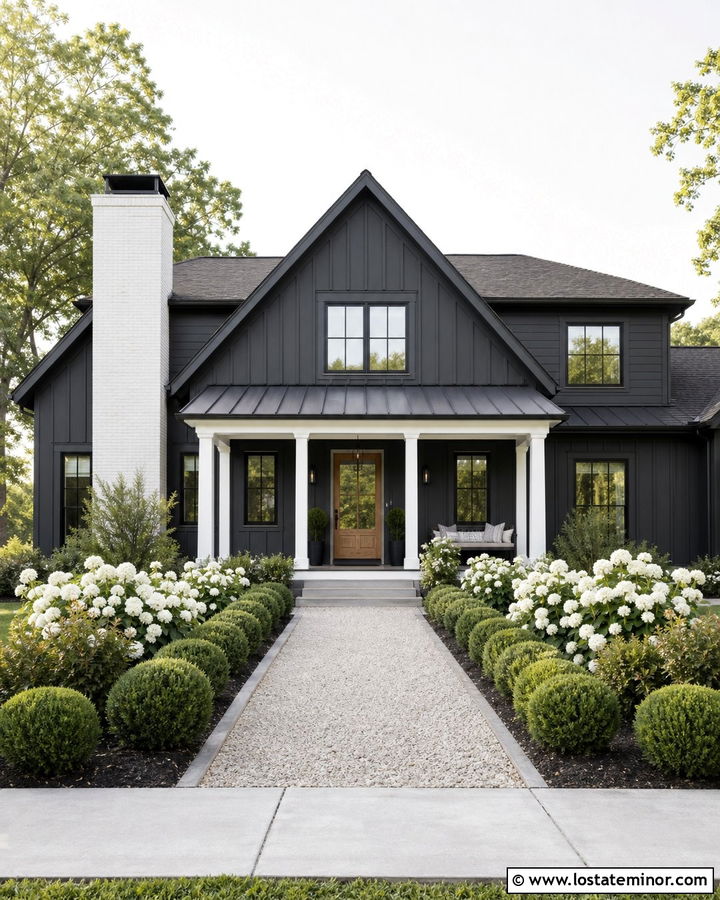 Charcoal Grey Modern Farmhouse With White Chimney - 30 Charcoal Grey House Design With Chimney Ideas