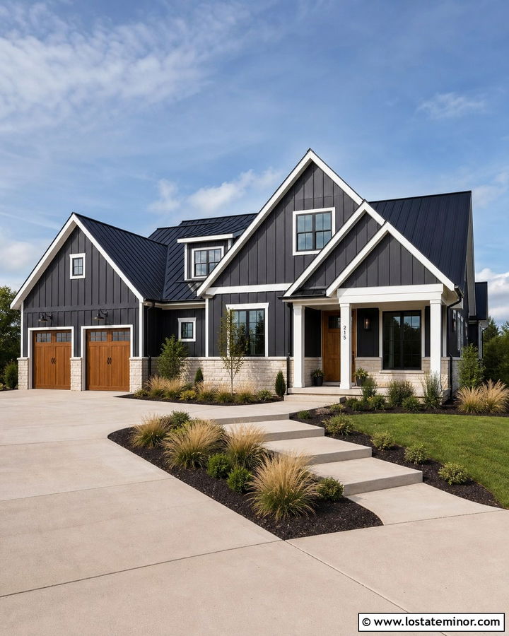 Charcoal Grey Modern Farmhouse With White Gable Trim - 30 Charcoal Grey House Design With Gables Ideas