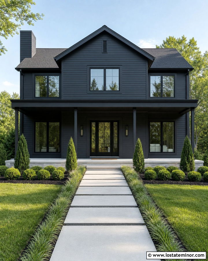 Charcoal Grey Modern House With Black Front Porch - 30 Charcoal Grey House Design With Front Porch Ideas