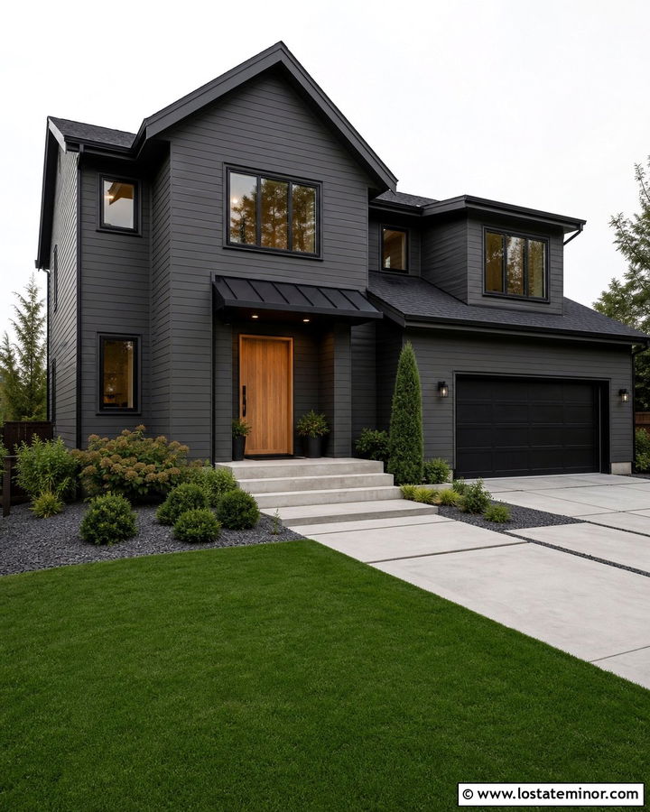 Charcoal Grey Modern House With Black Metal Awning - 30 Charcoal Grey House Design With Awning Ideas