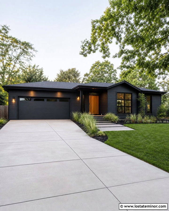 Charcoal Grey Modern House With Concrete Driveway - 30 Charcoal Grey House Design With Driveway Ideas