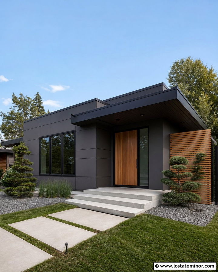 Charcoal Grey Modern House With Concrete Front Porch - 30 Charcoal Grey House Design With Front Porch Ideas